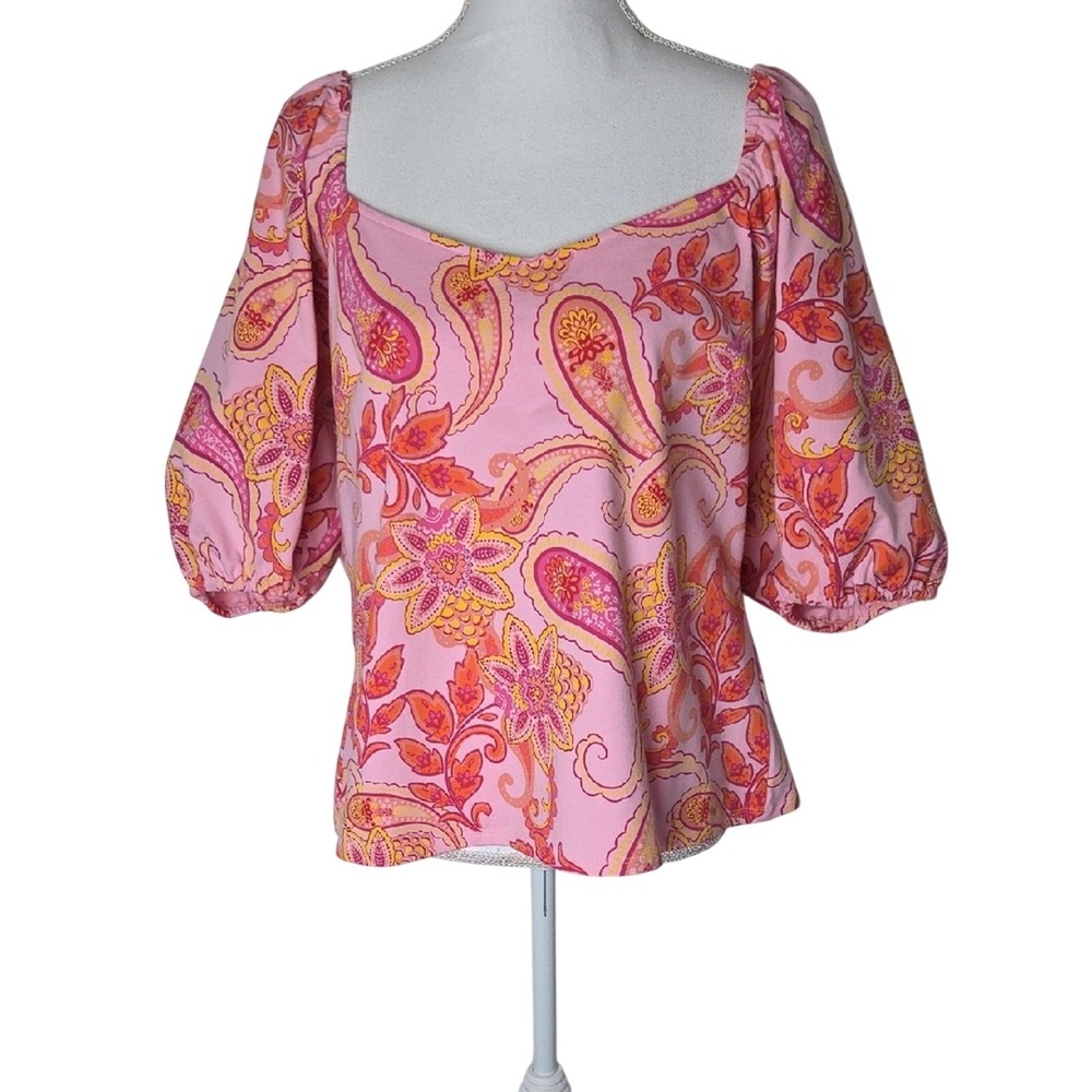 Boston Proper Pink Paisley Balloon Sleeve Women's Top Size XL